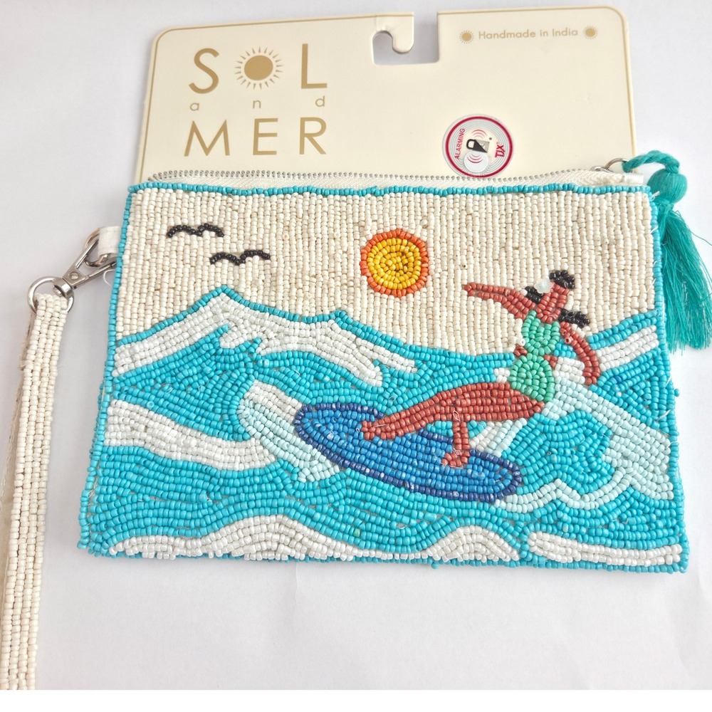 Sol and Mer Beaded Surfer Wristlet Pouch Womens OS Blue New Handmade Tassel Bag
